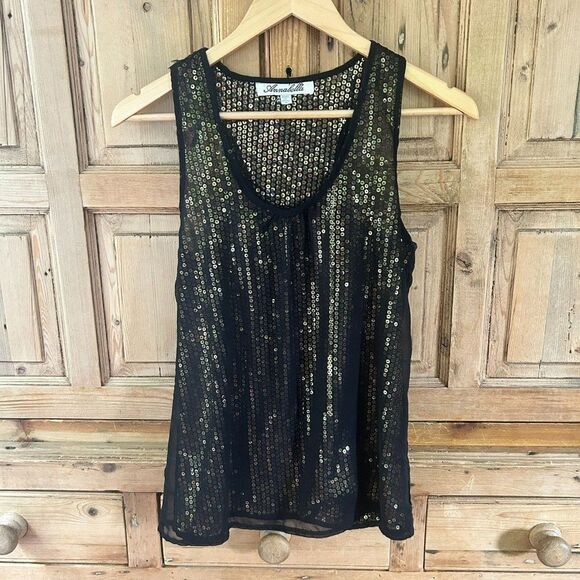 Annabella Small Black Tank Top Gold Sequins Layered‎ Blouse - Picture 1 of 12